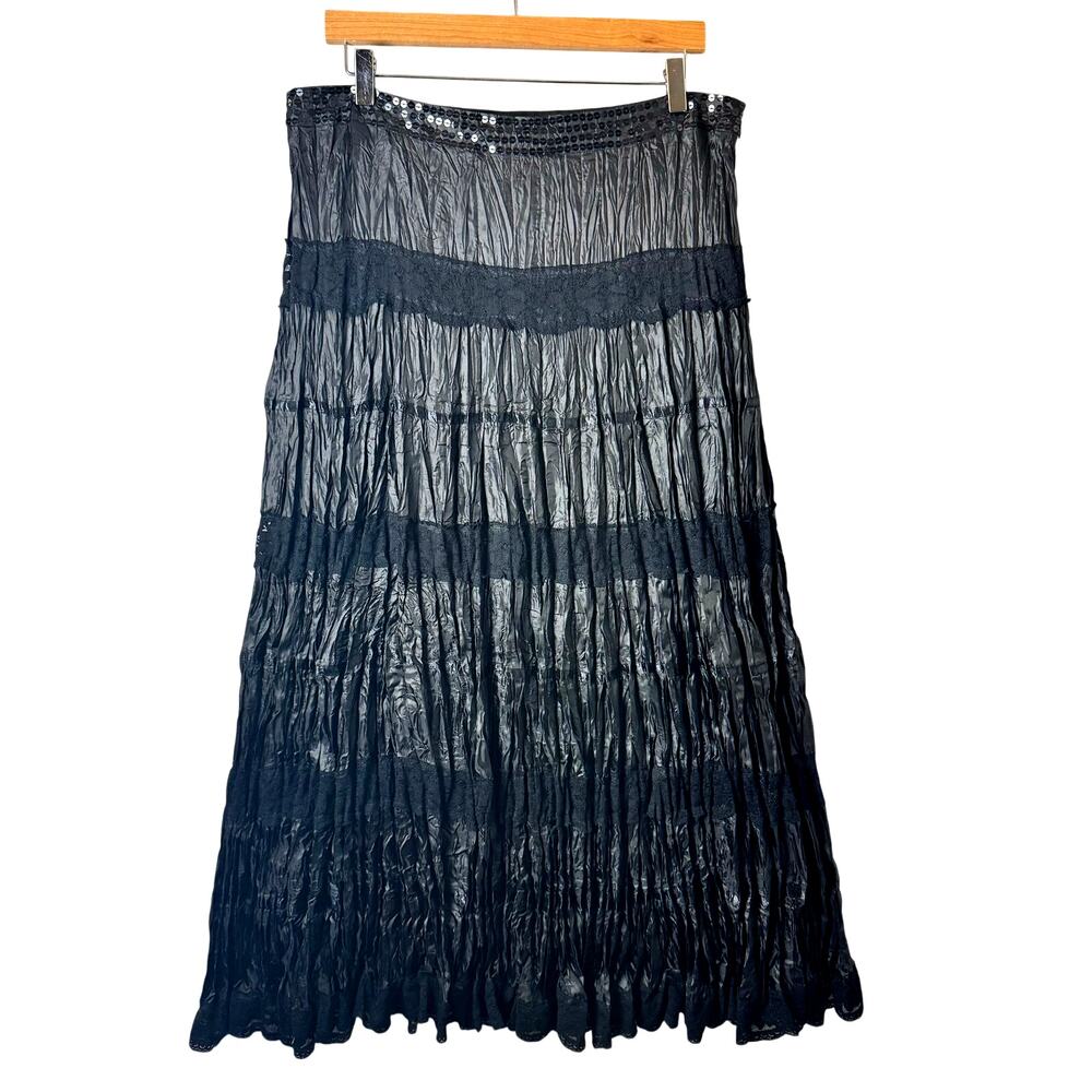 Carole Little Maxi Skirt Women's 14 Black Whimsigoth Silk Crepe Lace Goth Witchy